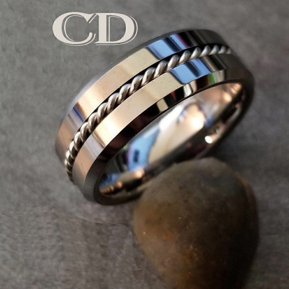 Men's Silver Tungsten Wedding Ring Twisted Wire Cable Inlay  Wedding Band